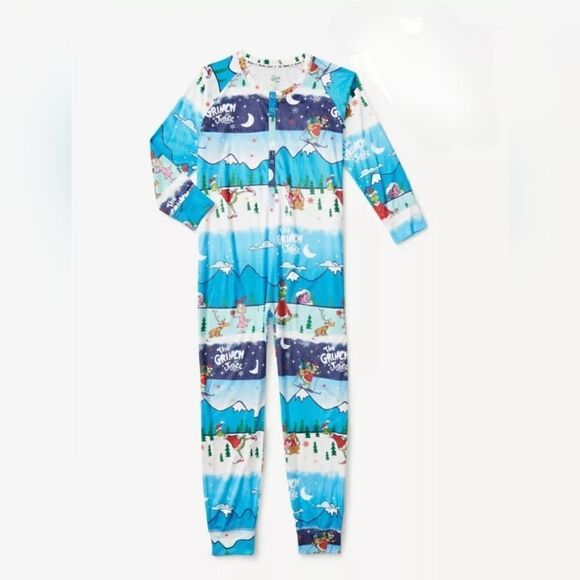 Nwt Justice Christmas Grinch Snow Scene Fairisle Snap Front 1Pc Pajamas, L 12/14 - Picture 1 of 7